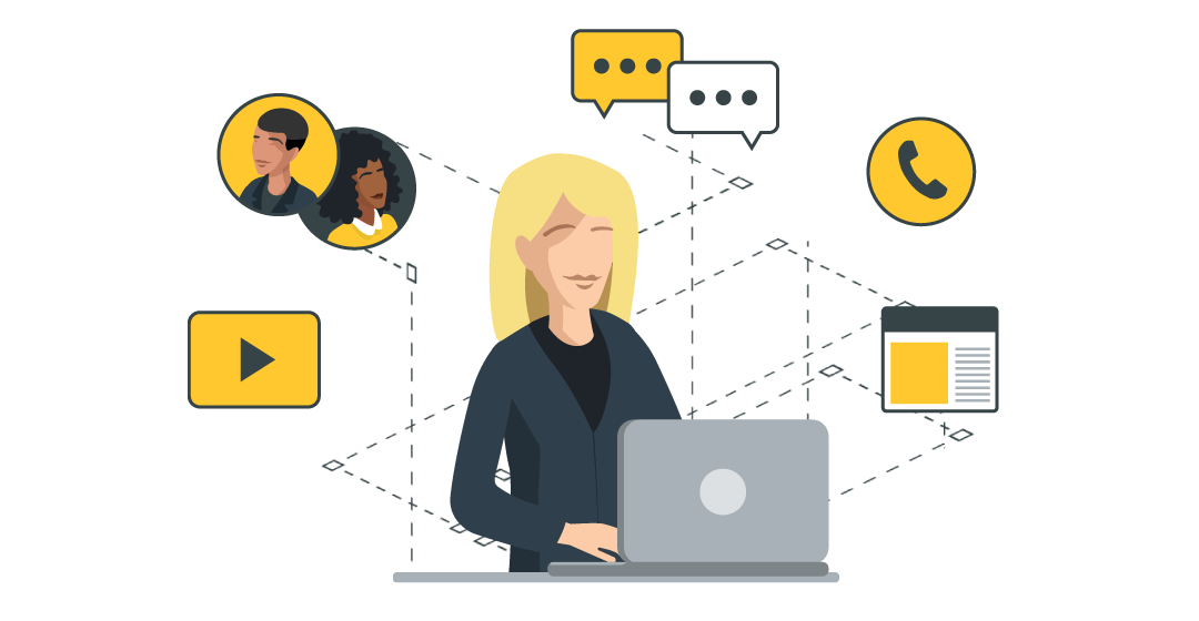 Person working on laptop with digital icons behind them