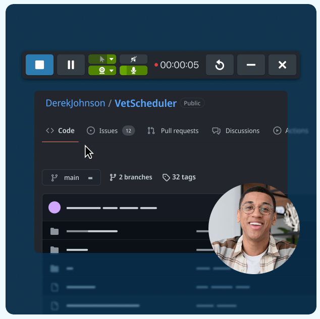 Video recording interface showing a GitHub repository named 'VetScheduler' with an inset of a person speaking.