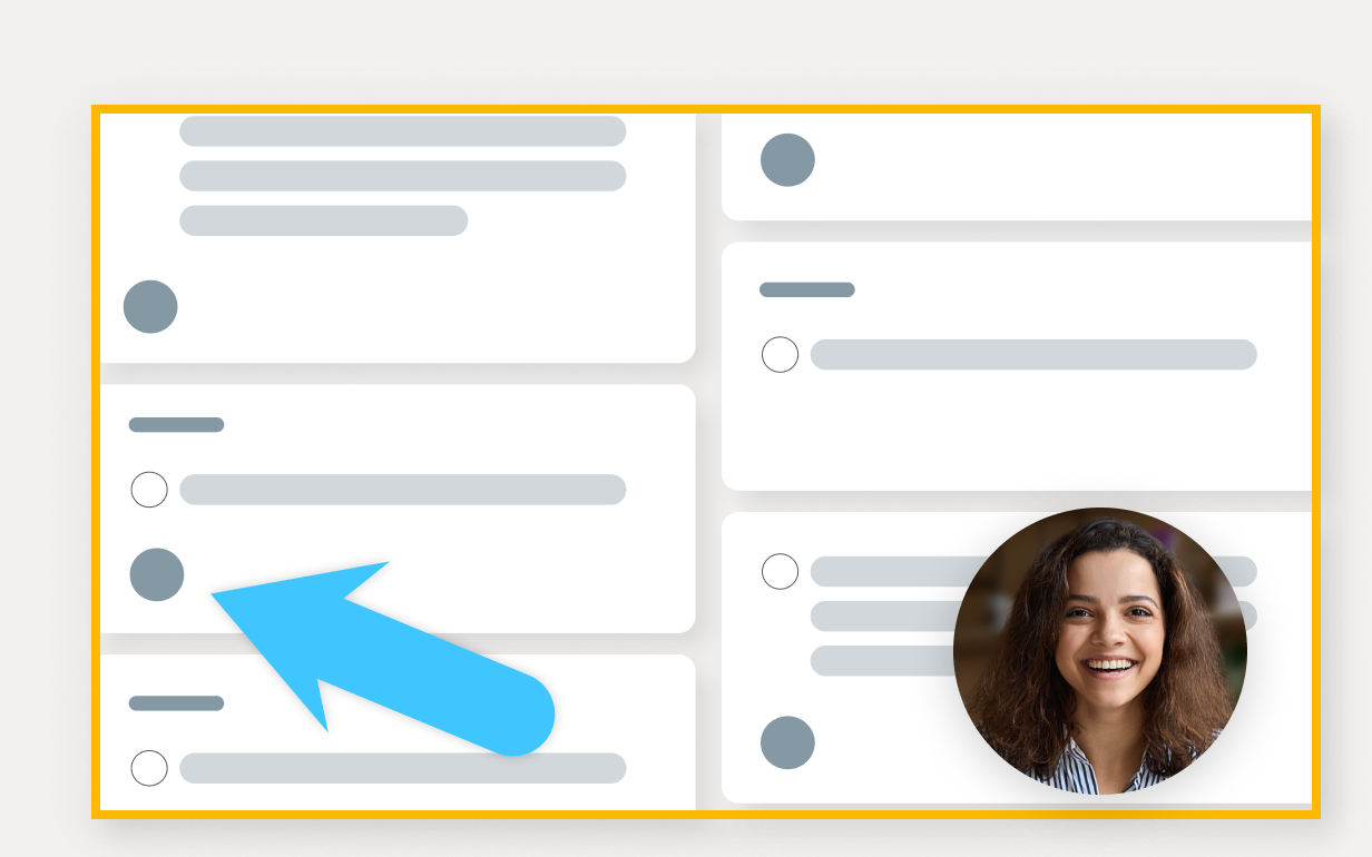 Screen recording with woman in the corner and blue arrow pointing out something