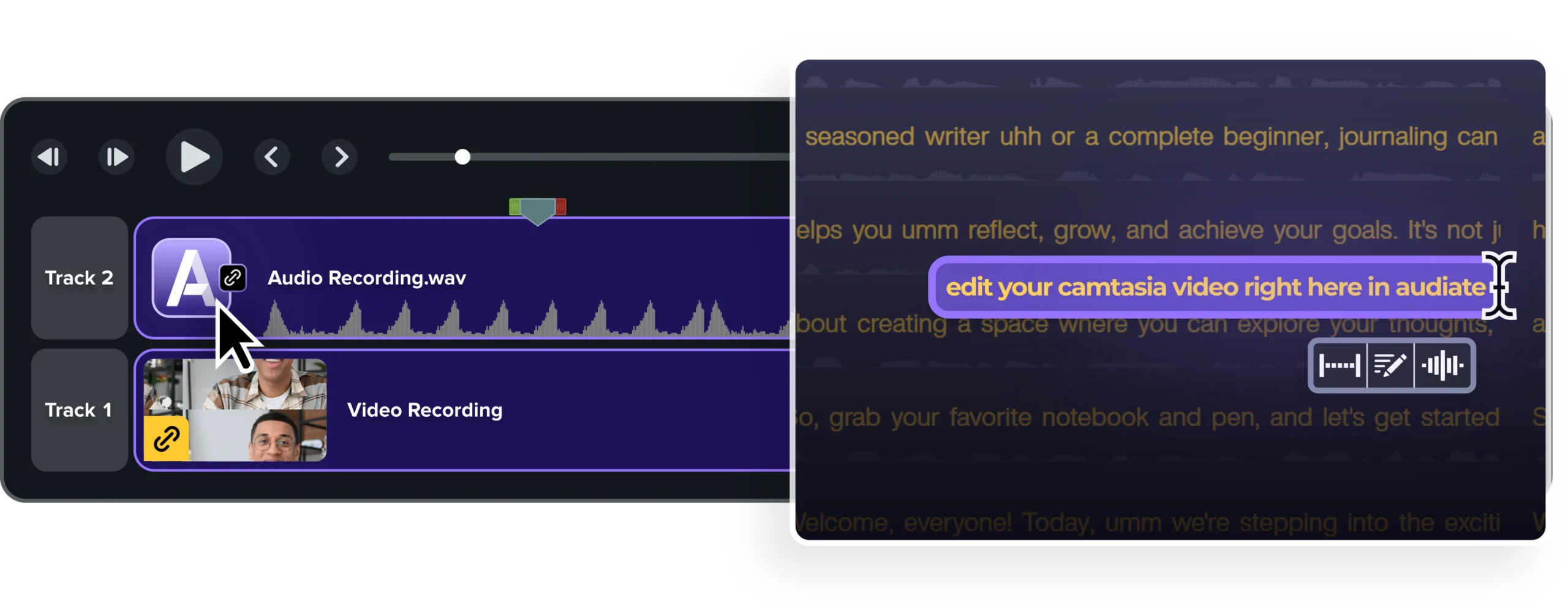 Camtasia interface showing a linked audio recording clip connected to an Audiate project. After selecting the clip in Camtasia, Audiate opens to allow text-based editing of video and audio in sync. Highlighted text reads “edit your camtasia video right here in audiate,” illustrating how both applications work together seamlessly.