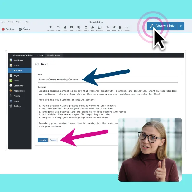 Screenshot of an Edit Post page with arrows pointing to "How to Create Amazing Content" and the "Update" button, a "Share Link" option highlighted.